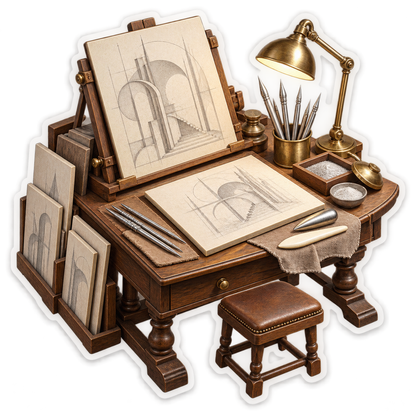 Architectural Sketch Desk with Golden Lamp Vinyl Decal Stickers
