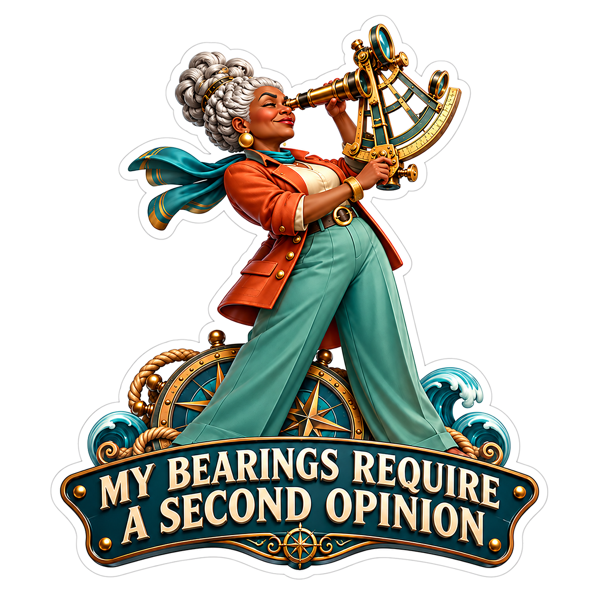 Woman in Orange Coat Using Golden Sextant Vinyl Decal Stickers