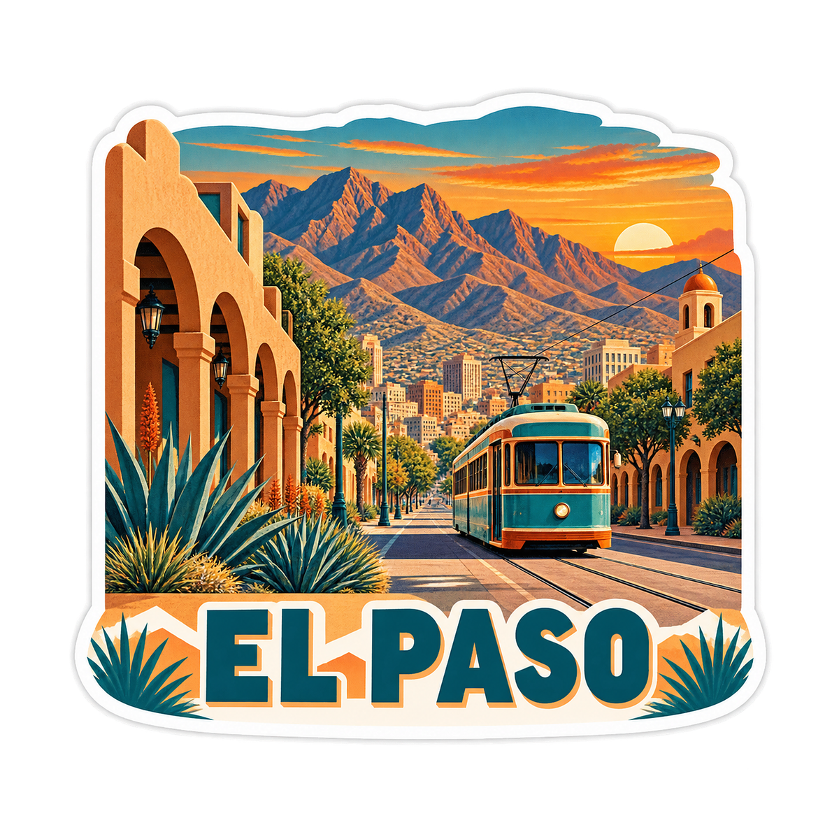 El Paso Desert Streetcar at Sunset Art Vinyl Decal Stickers