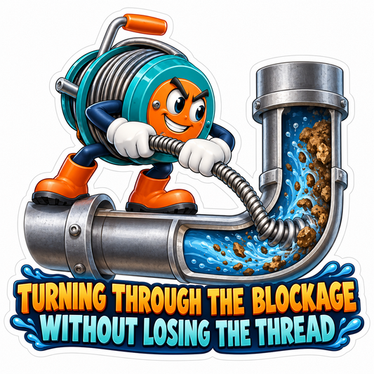 Teal Drain Auger Character inside a Clear Pipe Vinyl Decal Stickers