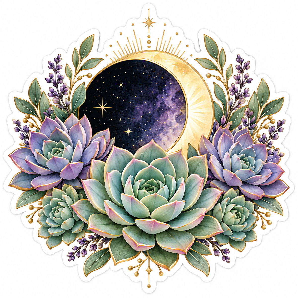 Pastel Succulents Crescent Moon Eclipse Vinyl Decal Stickers