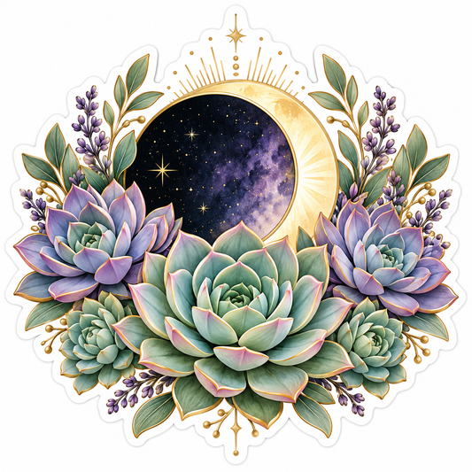 Pastel Succulents Crescent Moon Eclipse Vinyl Decal Stickers