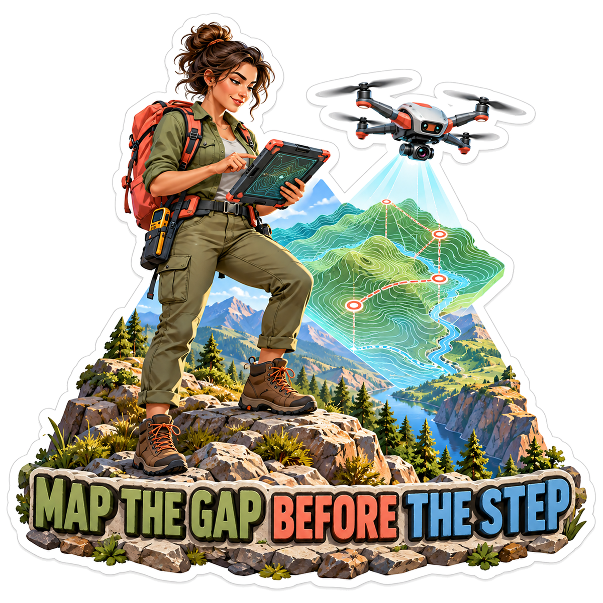 Woman Mapping Mountain Landscape with Drone Vinyl Decal Stickers