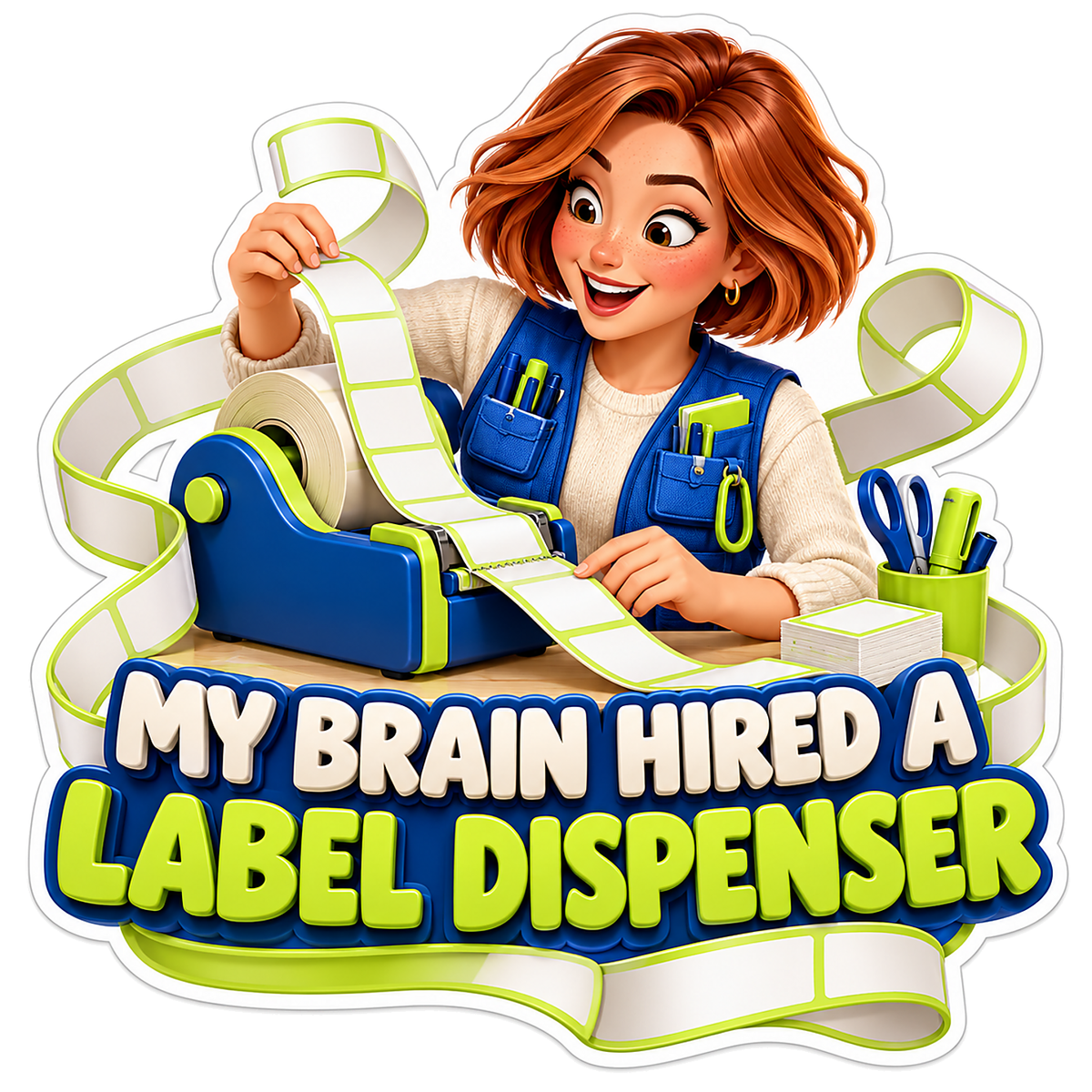 Red Haired Woman Using Blue Label Dispenser Vinyl Decal Stickers