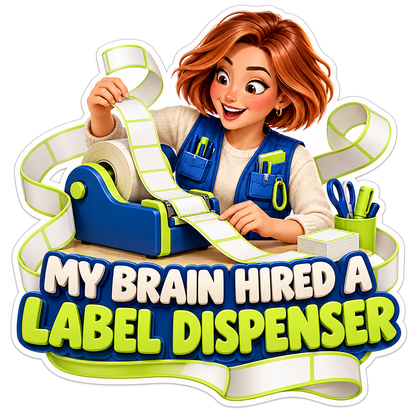 Red Haired Woman Using Blue Label Dispenser Vinyl Decal Stickers