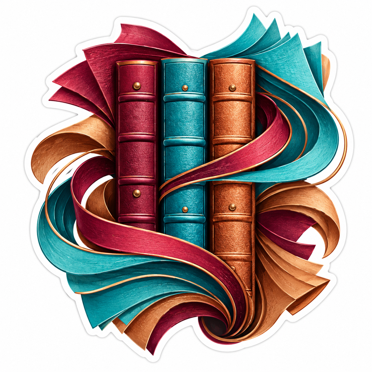 Three Books with Red and Teal Swirling Pages Vinyl Decal Stickers