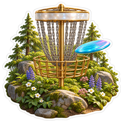 Gold Disc Golf Basket in Woodland Clearing Vinyl Decal Stickers