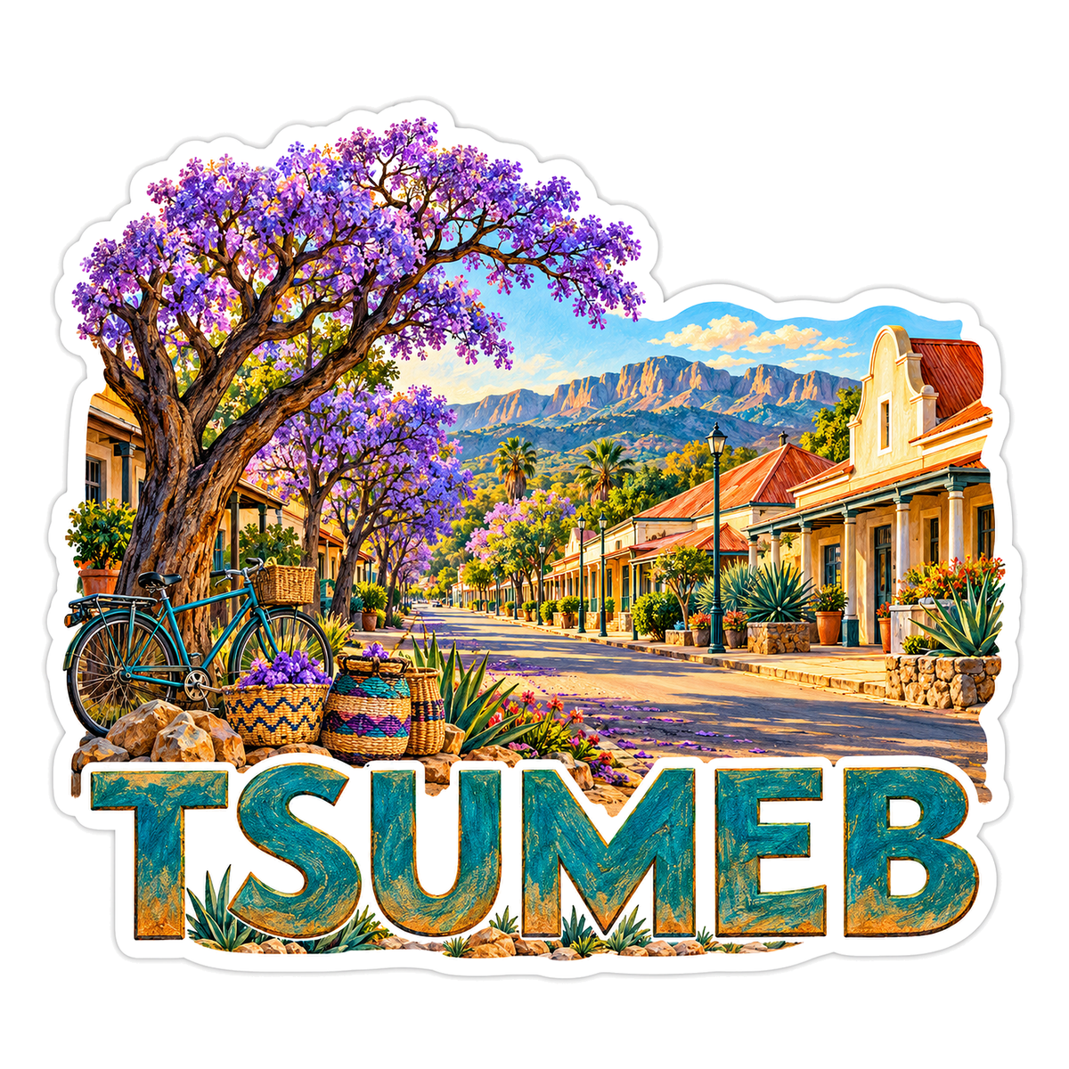 Tsumeb Purple Tree Mountain Street Travel Art Vinyl Decal Stickers