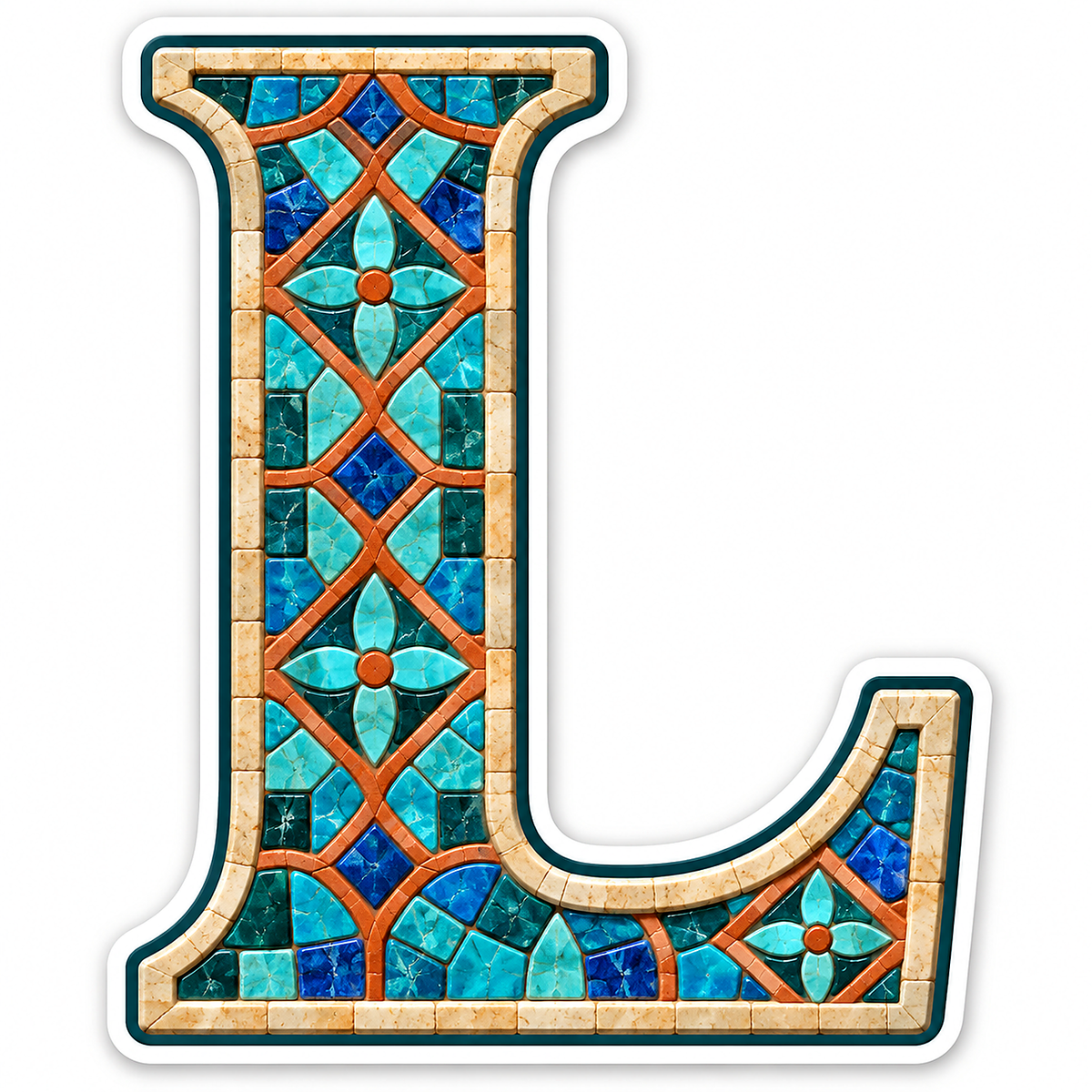 Turquoise Mosaic Ivory Border Letter L Vinyl Decal Stickers