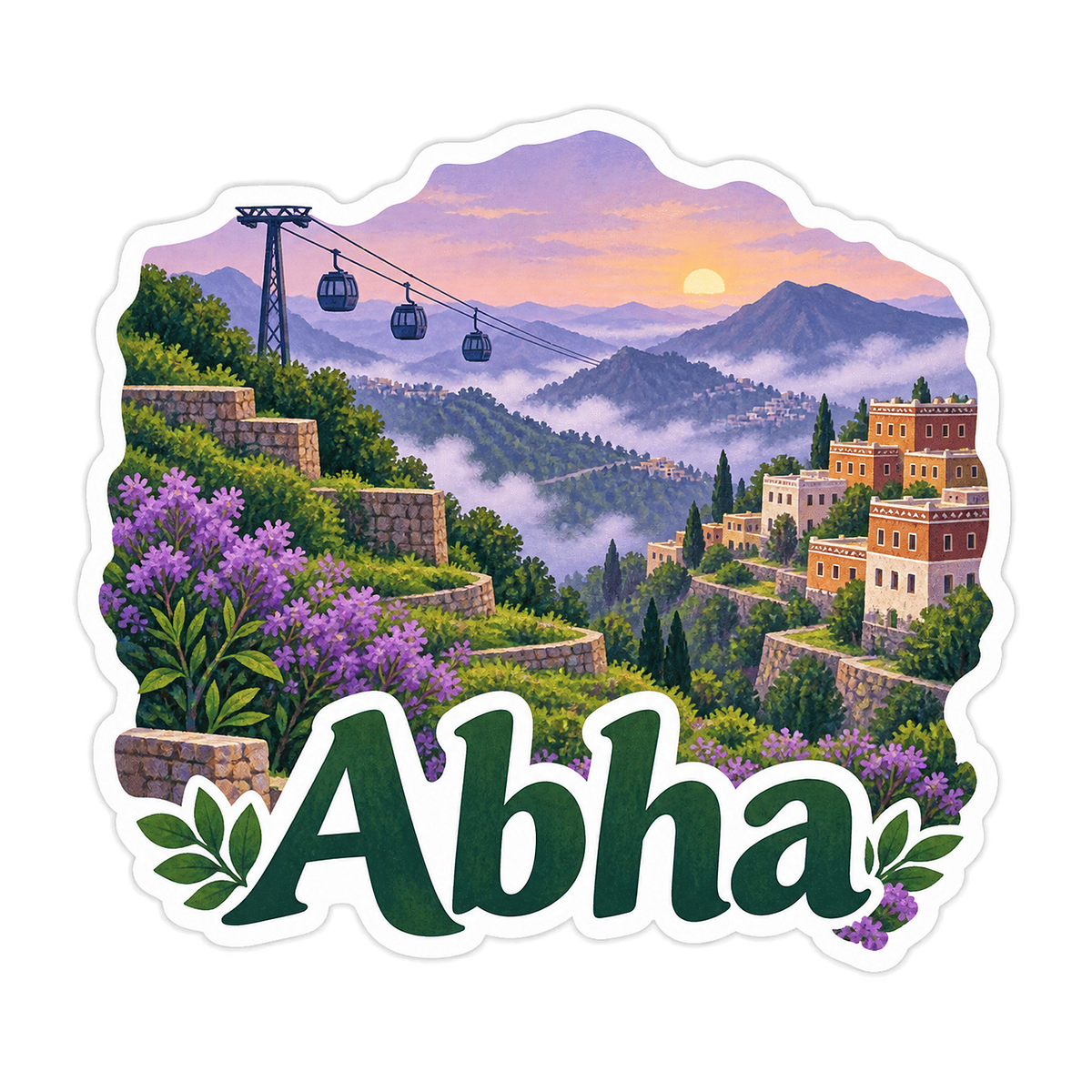 Abha Mountain Cable Cars Twilight Scene Vinyl Decal Stickers