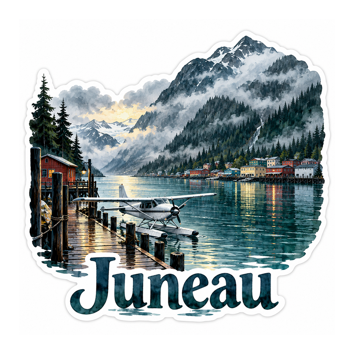 Juneau Misty Mountain Harbor and Seaplane Art Vinyl Decal Stickers