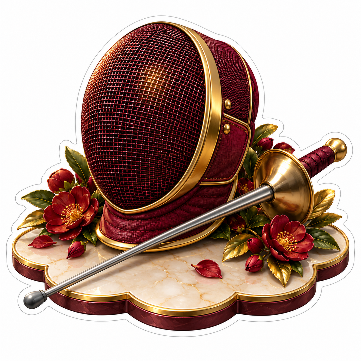 Burgundy Fencing Mask and Foil with Flowers Vinyl Decal Stickers