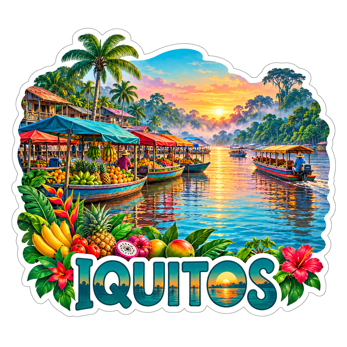 Iquitos Floating Market Boats and Tropical Fruit Vinyl Decal Stickers