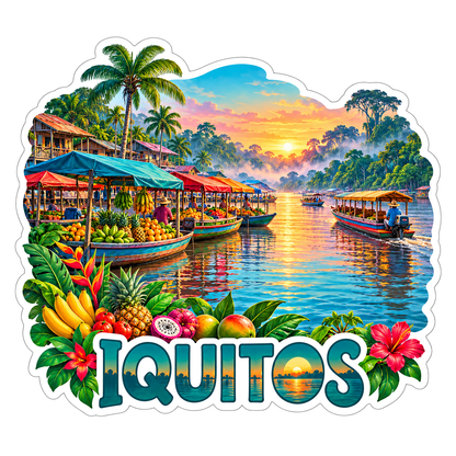 Iquitos Floating Market Boats and Tropical Fruit Vinyl Decal Stickers