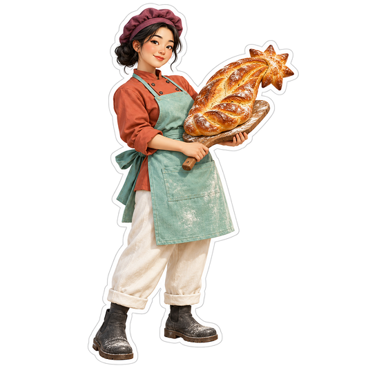Holiday Baker Holding Golden Braided Bread Vinyl Decal Stickers
