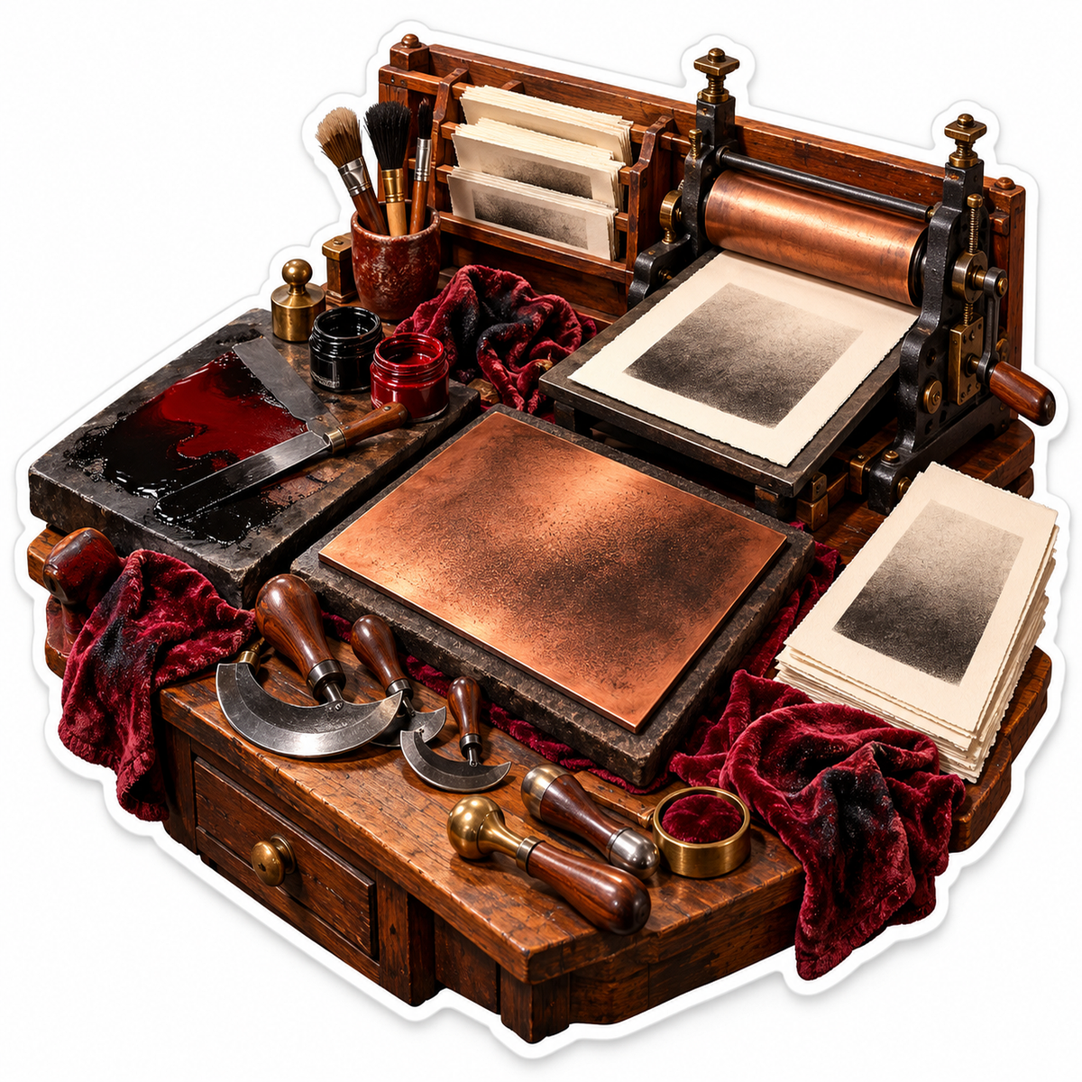 Copper Printmaking Press With Red Cloth Art Vinyl Decal Stickers