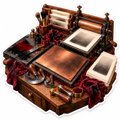 Copper Printmaking Press With Red Cloth Art Vinyl Decal Stickers
