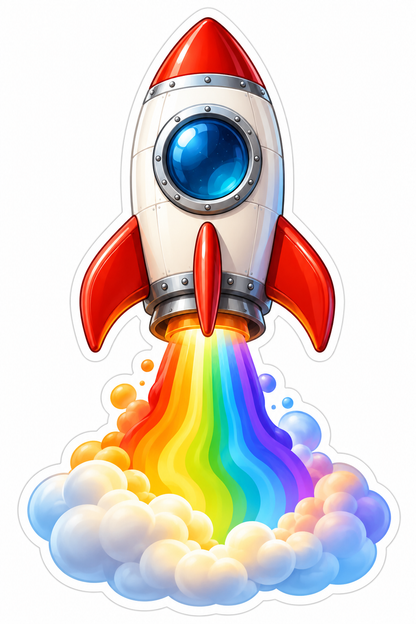 Red White Rocket with Rainbow Trail Vinyl Decal Stickers