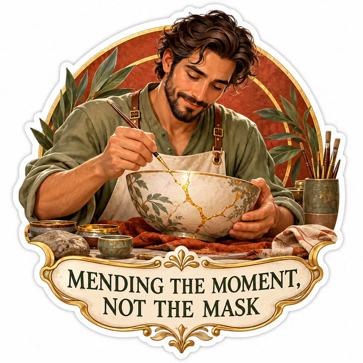 Man Repairing Patterned Bowl with Gold Lines Vinyl Decal Stickers