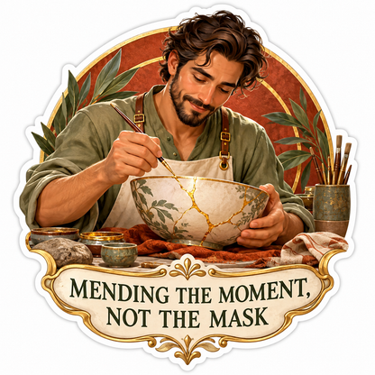 Man Repairing Patterned Bowl with Gold Lines Vinyl Decal Stickers