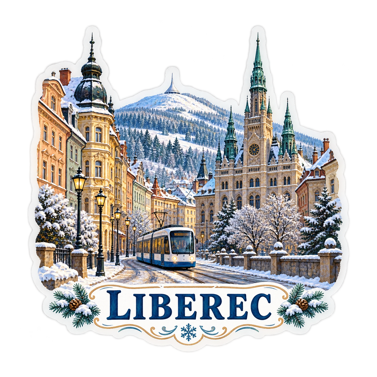 Liberec Winter Tram and Mountains Art Vinyl Decal Stickers
