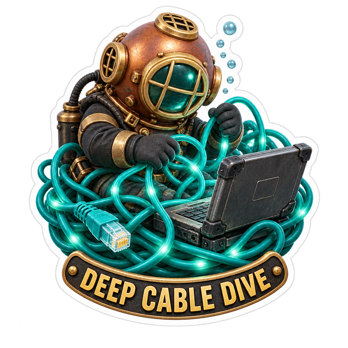 Vintage Diver Untangling Laptop Cables Art Vinyl Decal Stickers