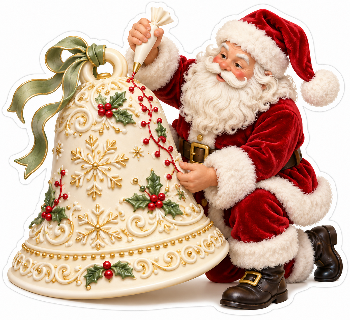 Santa Decorating a Large Cream Bell with Holly Vinyl Decal Stickers