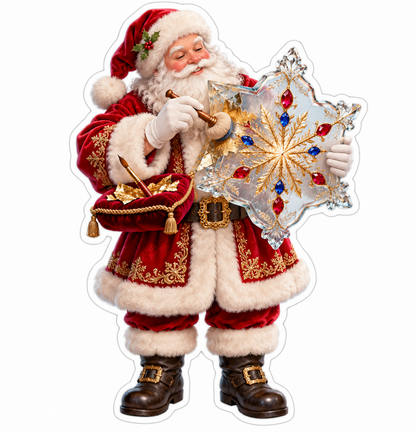 Santa Decorating a Clear Jeweled Snowflake Vinyl Decal Stickers