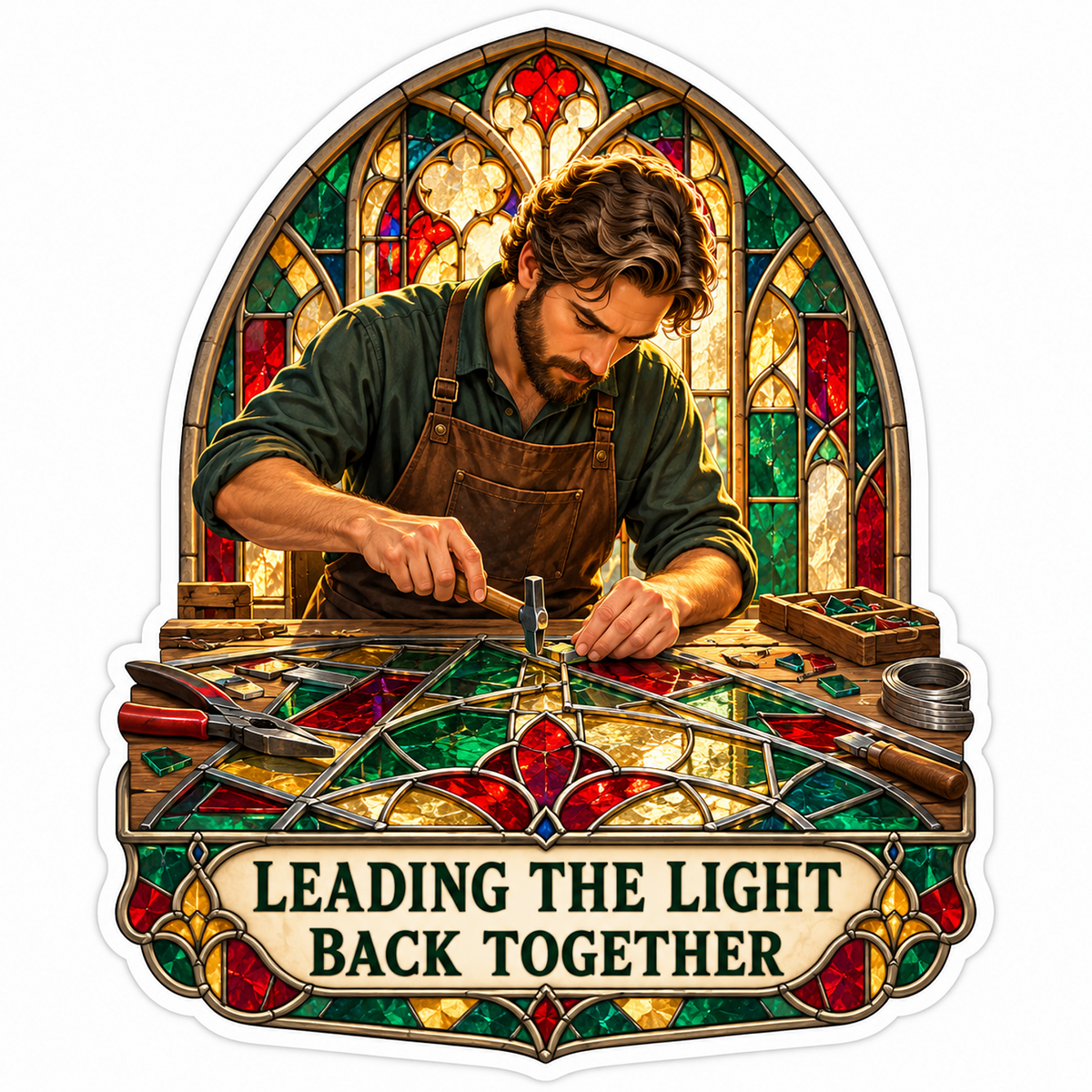 Man Repairing Colorful Gothic Glass Panel Vinyl Decal Stickers
