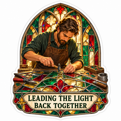 Man Repairing Colorful Gothic Glass Panel Vinyl Decal Stickers