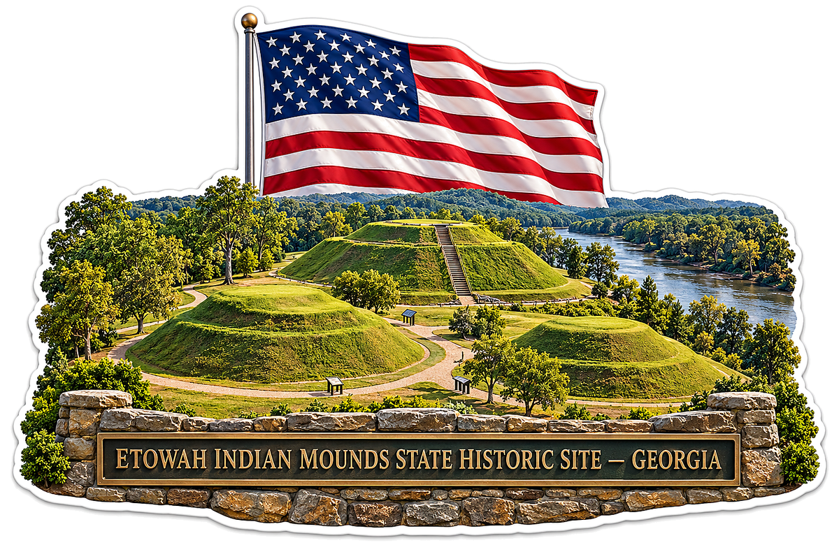 Georgia Earth Mounds and US Flag Art Vinyl Decal Stickers