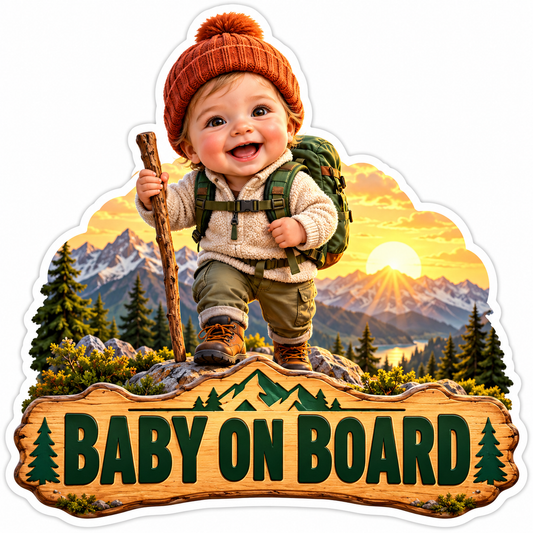 Hiker Baby On Board Mountain Sunrise Art Vinyl Decal Stickers