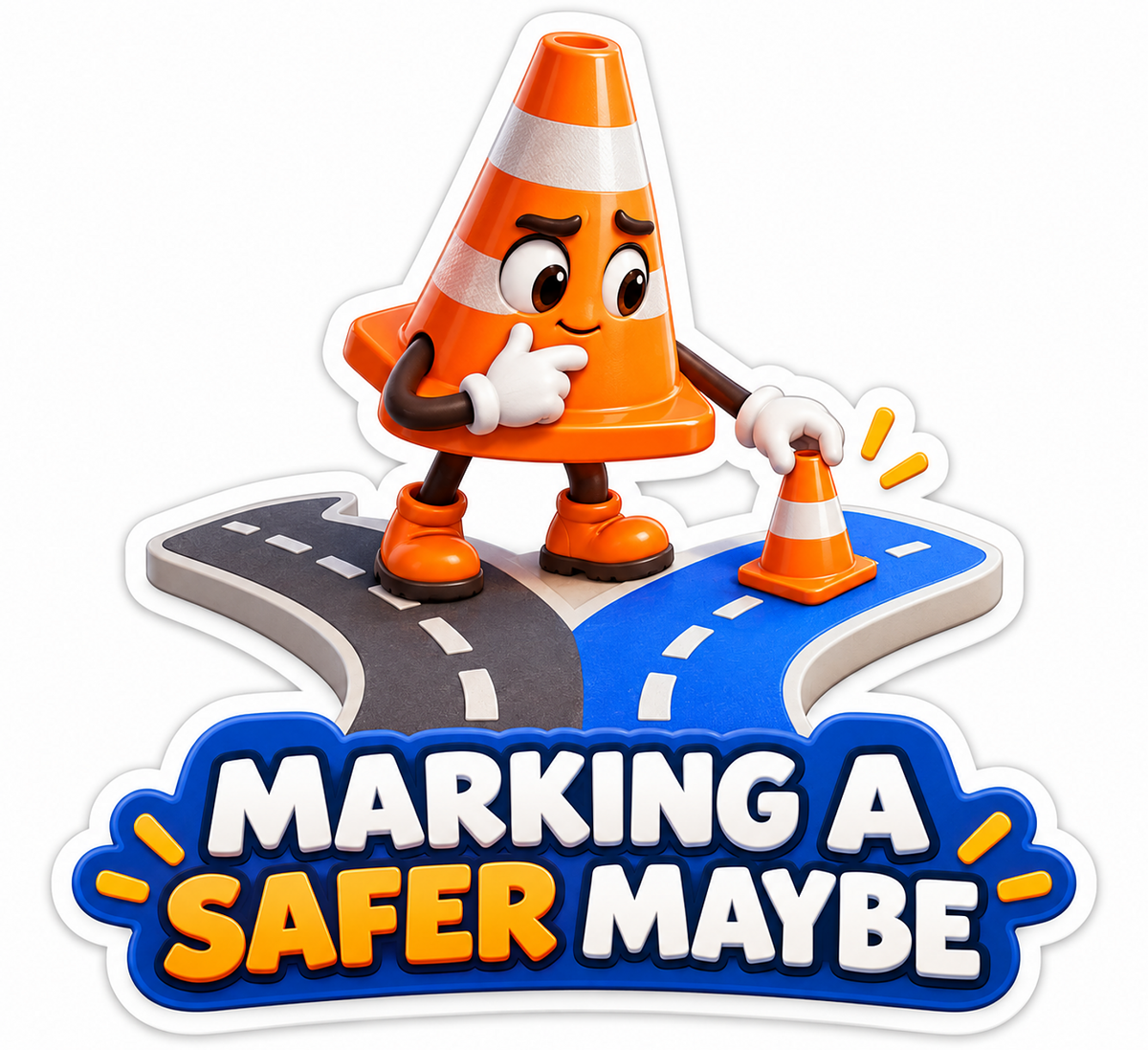 Traffic Cone Character Marking a Blue Side Road Vinyl Decal Stickers