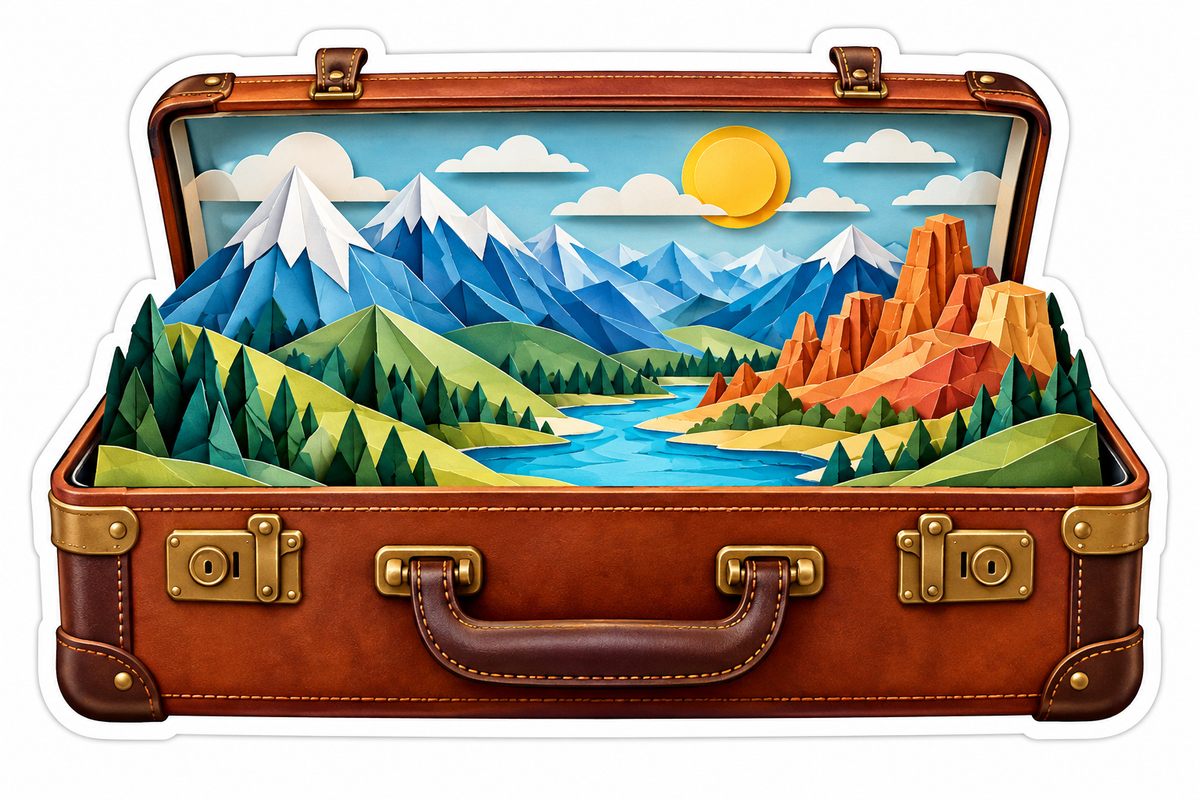 Open Suitcase with Mountain Landscape Art Vinyl Decal Stickers