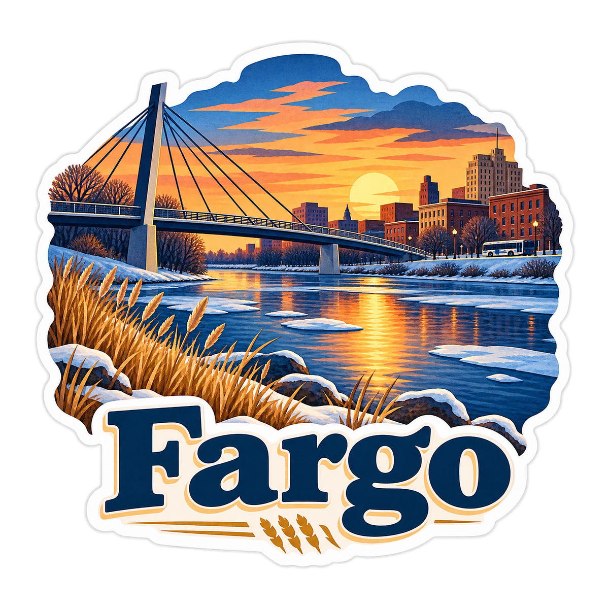 Fargo Winter River Bridge Sunset Art Vinyl Decal Stickers