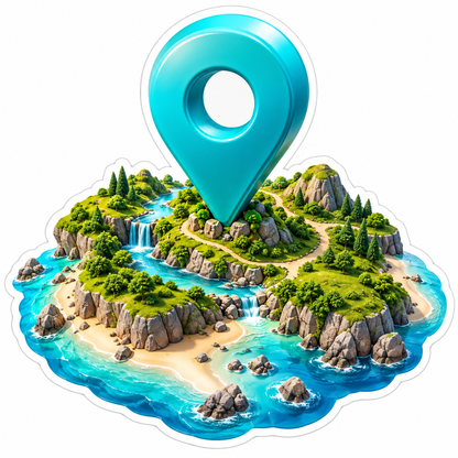 Turquoise Map Pin Above Tropical Island Art Vinyl Decal Stickers