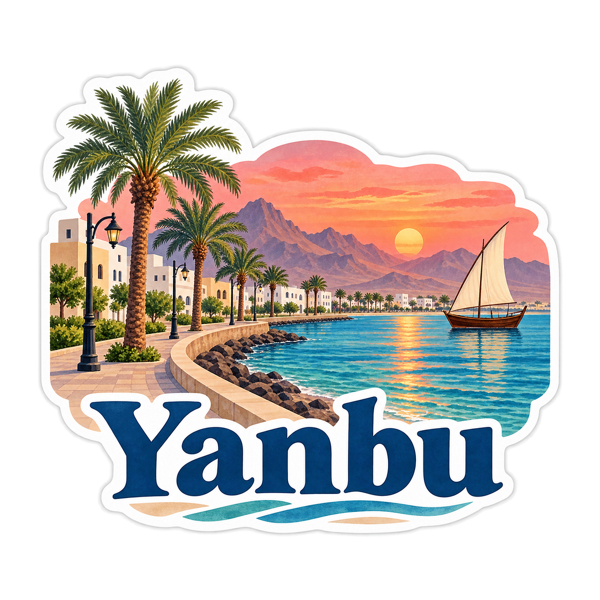 Yanbu Waterfront Sailboat Sunset Scene Vinyl Decal Stickers