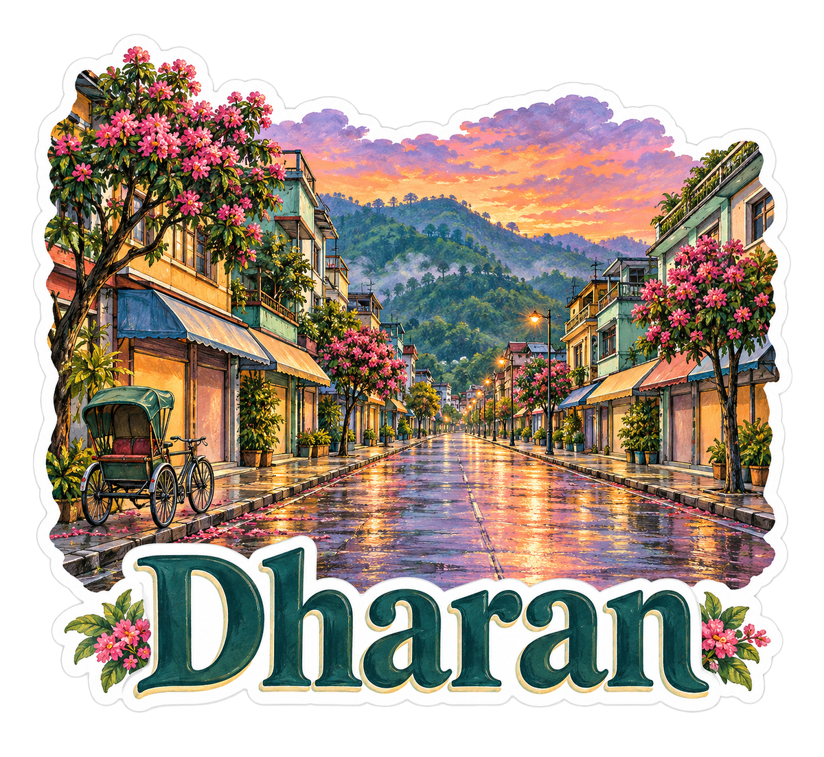 Dharan Rainy Street at Dusk Art Vinyl Decal Stickers