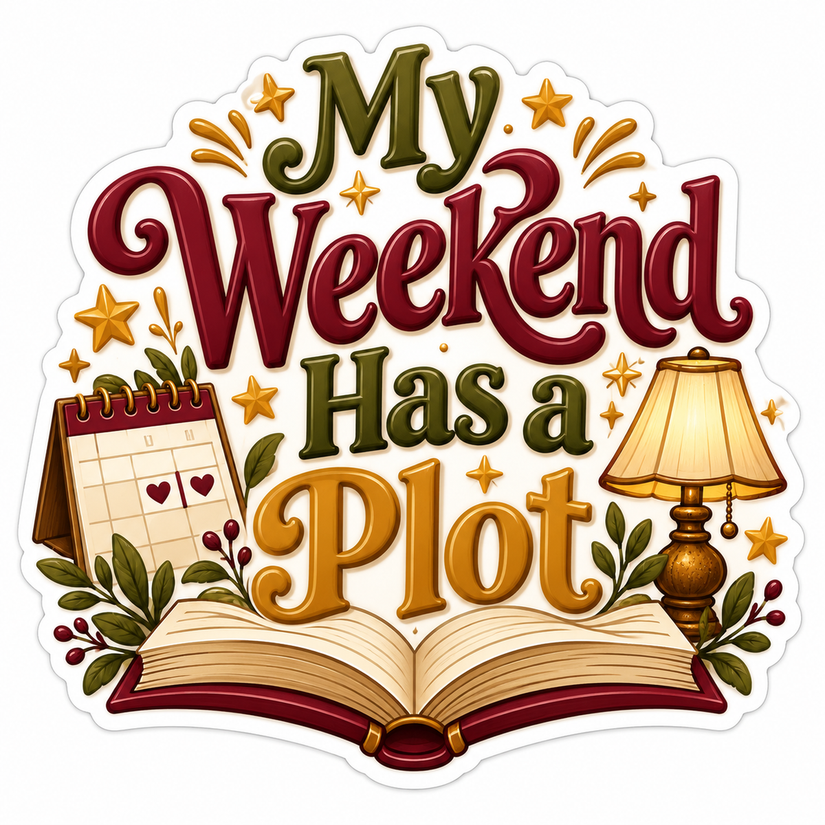 Open Book Lamp and Weekend Plot Quote Vinyl Decal Stickers
