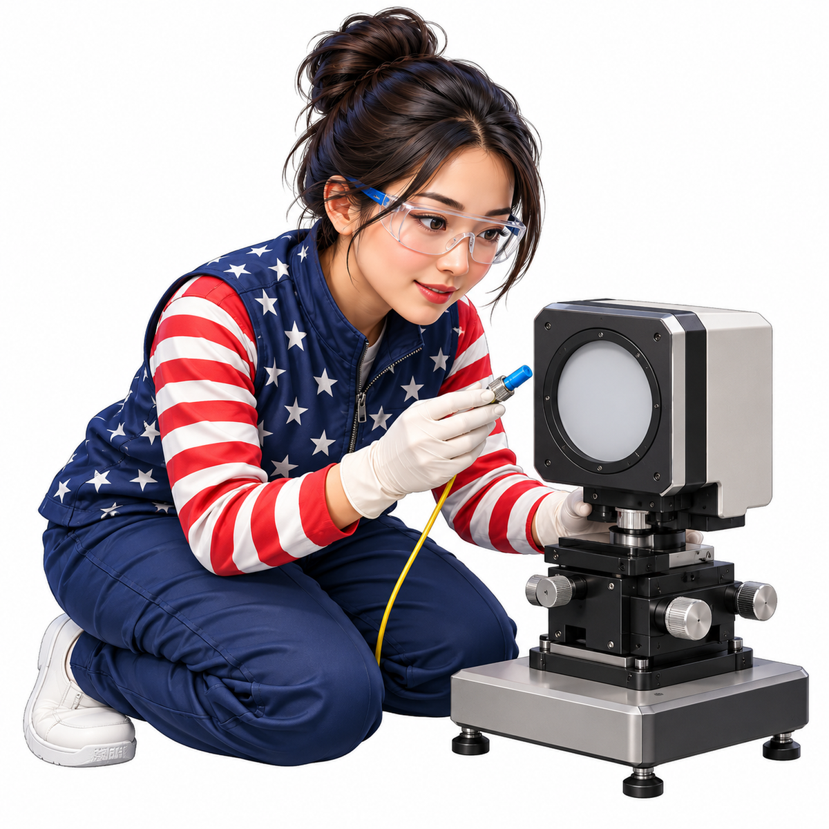 Woman Adjusting Square Optical Bench Device Vinyl Decal Stickers