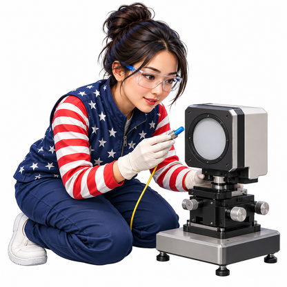 Woman Adjusting Square Optical Bench Device Vinyl Decal Stickers
