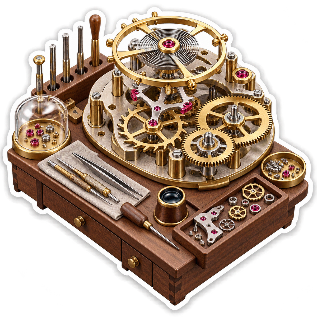 Golden Clock Gear Assembly on Wooden Workbench Vinyl Decal Stickers