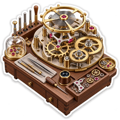 Golden Clock Gear Assembly on Wooden Workbench Vinyl Decal Stickers