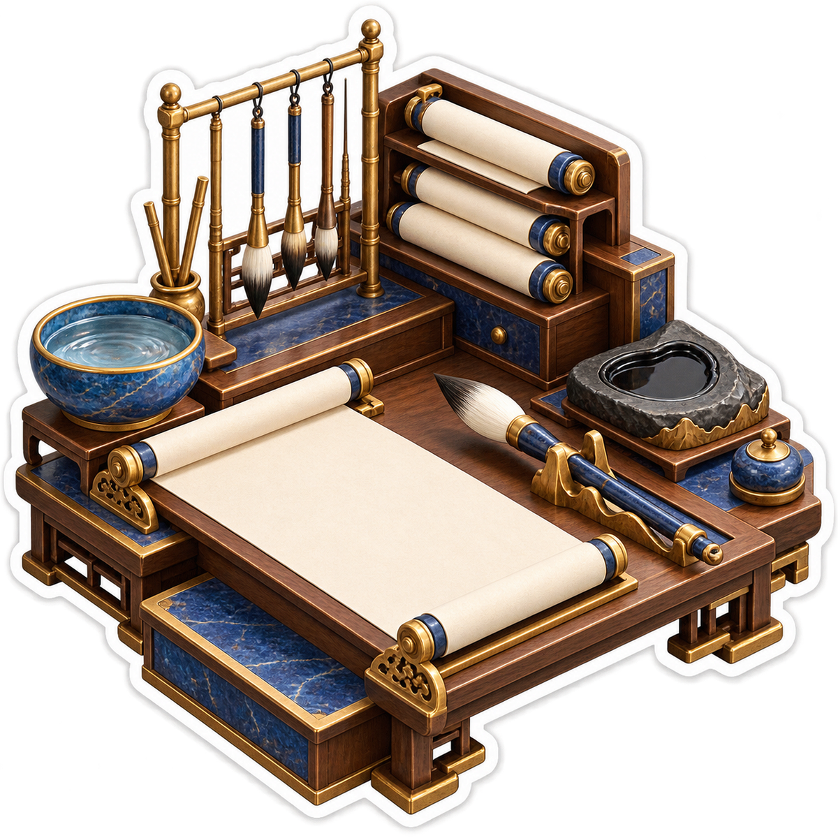 Brushes and Scrolls on Blue Golden Desk Vinyl Decal Stickers