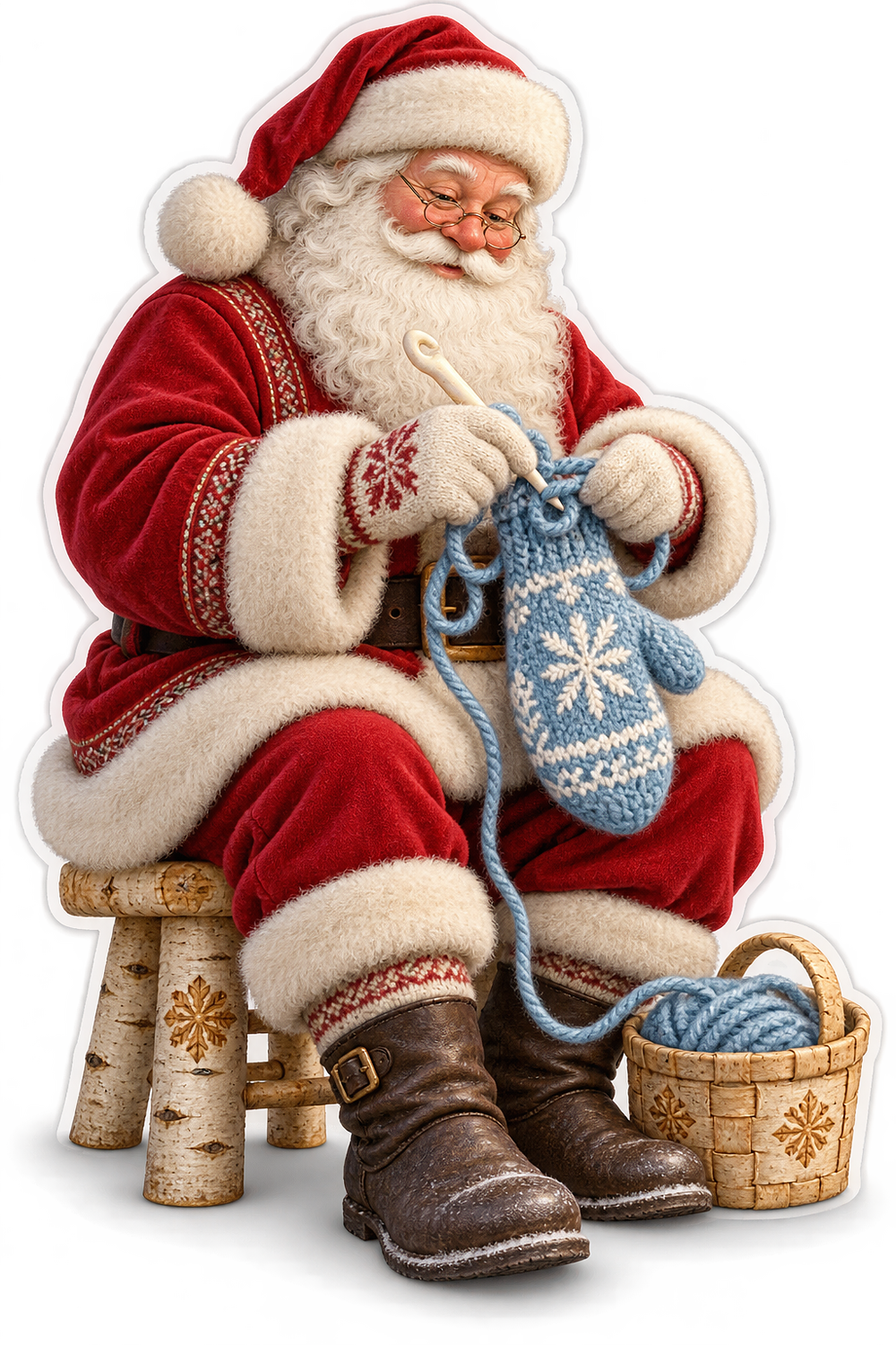 Santa Knitting Blue Snowflake Mitten Art Vinyl Decal Stickers