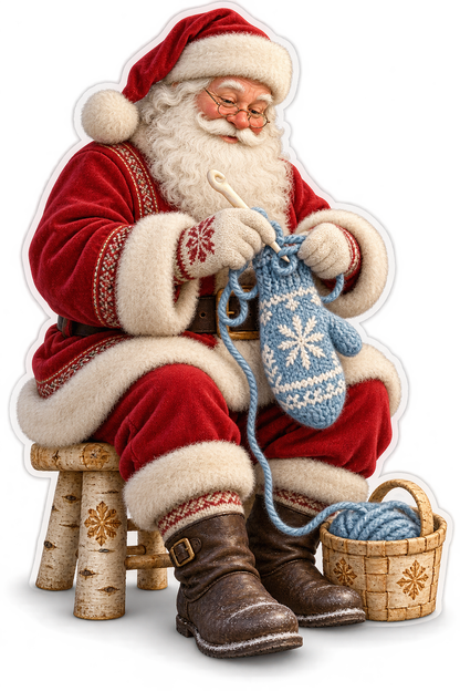 Santa Knitting Blue Snowflake Mitten Art Vinyl Decal Stickers