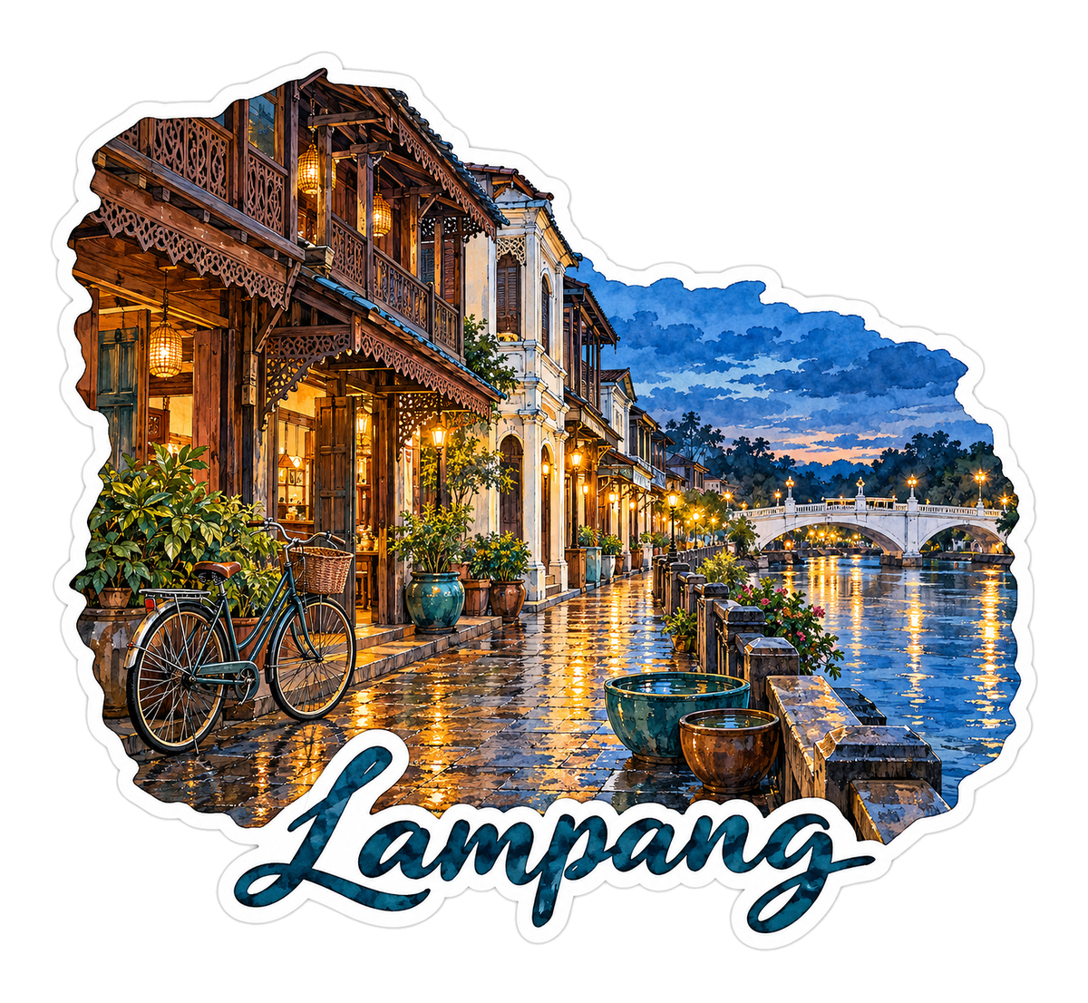 Lampang Lantern Lit Wooden Riverfront Houses Vinyl Decal Stickers