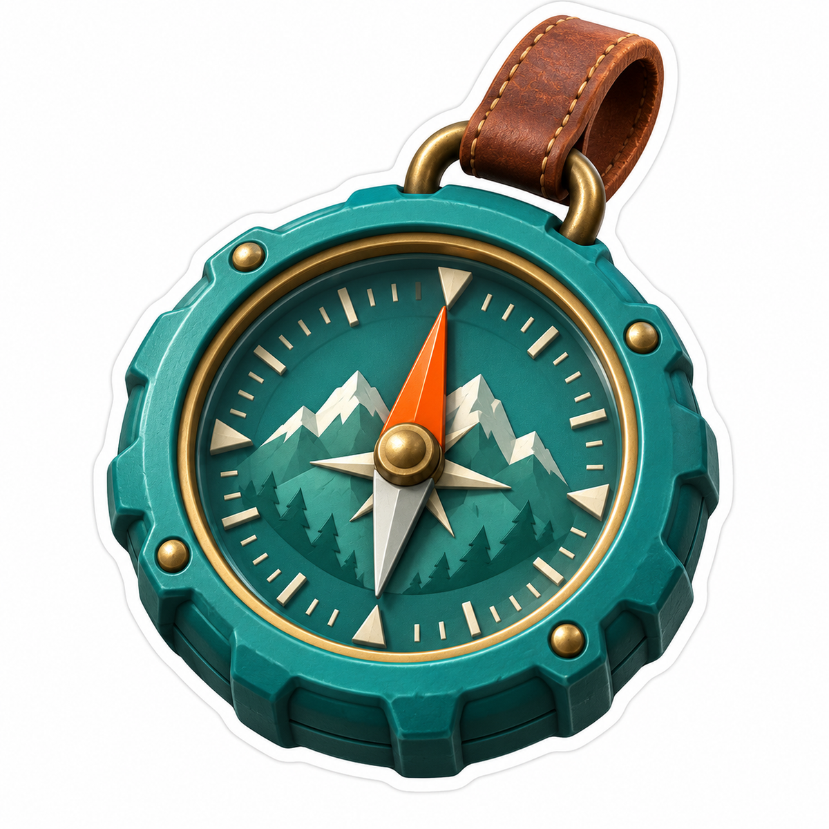 Teal Mountain Compass with Brown Leather Loop Vinyl Decal Stickers