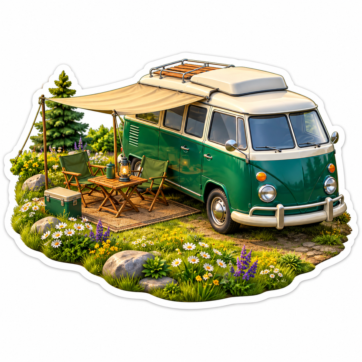 Green Camper Van With Awning in Meadow Art Vinyl Decal Stickers