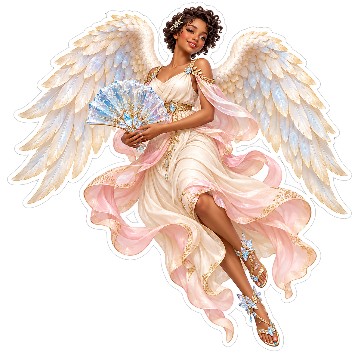 Winged Angel with Pink Dress and Folding Fan Vinyl Decal Stickers